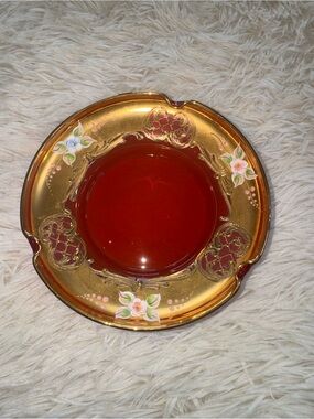 Red Decorative Glass Dish - 24k Gold Hand Painted Detail